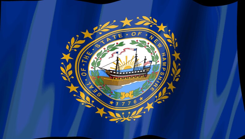 May include: The state flag of New Hampshire features a deep blue field with the state seal centered. The seal depicts a ship on water with a rising sun, surrounded by a laurel wreath and nine stars. The text reads SEAL OF THE STATE OF NEW HAMPSHIRE 1776.