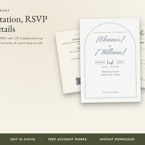 K&ouml;nnte beinhalten: Ein Set aus drei Hochzeitspapeterie-Karten mit einem Bogenrahmen-Design. Die mittlere Karte zeigt die Namen Eleanor und William, das Datum 14. Juni 2027 und Ortsangaben. Die umliegenden Karten enthalten Informationen zu RSVP und Unterk&uuml;nften.