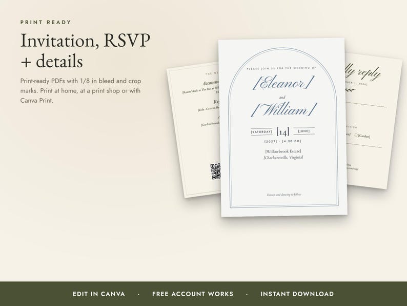 K&ouml;nnte beinhalten: Ein Set aus drei Hochzeitspapeterie-Karten mit einem Bogenrahmen-Design. Die mittlere Karte zeigt die Namen Eleanor und William, das Datum 14. Juni 2027 und Ortsangaben. Die umliegenden Karten enthalten Informationen zu RSVP und Unterk&uuml;nften.