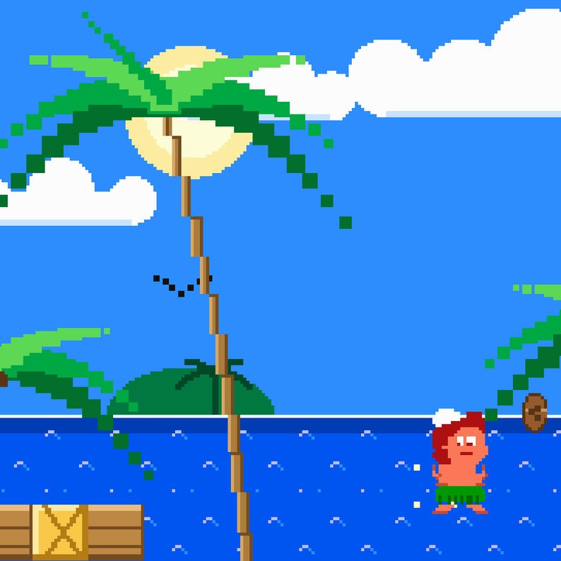 Puede incluir: Una escena de arte pixelado con un cielo azul brillante, nubes blancas, un sol amarillo y una palmera alta. Un personaje peque&ntilde;o con cabello rojo y falda verde est&aacute; de pie en el agua azul cerca de una caja de madera y un coco flotante.