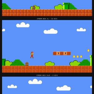 May include: A digital display showing three variations of a pixelated video game scene. The top panel is labeled STREAM DECK MK2 - 15 KEYS, the middle is labeled STREAM DECK XL - 32 KEYS, and the bottom is labeled STREAM DECK PLUS - 8 KEYS.