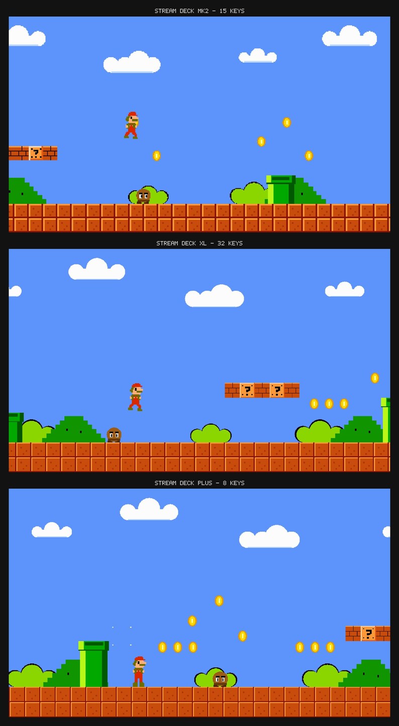 May include: A digital display showing three variations of a pixelated video game scene. The top panel is labeled STREAM DECK MK2 - 15 KEYS, the middle is labeled STREAM DECK XL - 32 KEYS, and the bottom is labeled STREAM DECK PLUS - 8 KEYS.