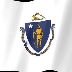 May include: The flag of Massachusetts features a white field with a central blue shield. Inside the shield is a gold figure of an Indigenous person holding a bow and arrow, with a white star above. A ribbon below reads Ense Petit Placidam Sub Libertate Quietem.