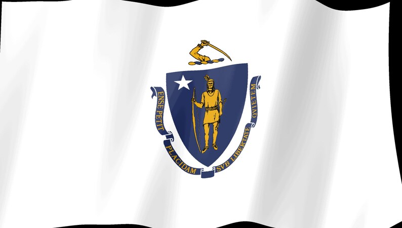 May include: The flag of Massachusetts features a white field with a central blue shield. Inside the shield is a gold figure of an Indigenous person holding a bow and arrow, with a white star above. A ribbon below reads Ense Petit Placidam Sub Libertate Quietem.