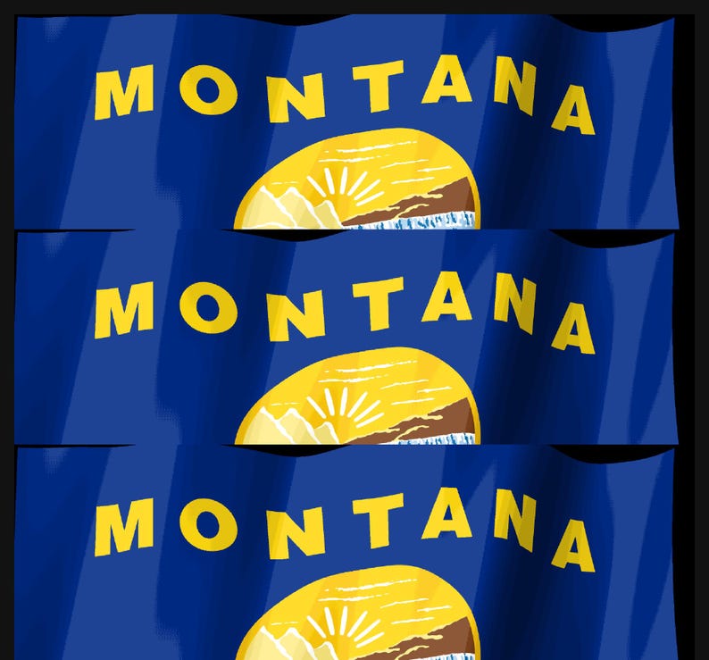 Puede incluir: Un patr&oacute;n repetitivo de la bandera del estado de Montana con un fondo azul profundo y la palabra MONTANA en letras may&uacute;sculas amarillas en negrita sobre un sol amarillo que sale sobre monta&ntilde;as marrones y un r&iacute;o azul con reflejos blancos.