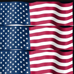 May include: Three horizontal panels each displaying the flag of the United States of America. Each flag features a blue canton with white five-pointed stars on the left and alternating horizontal red and white stripes extending to the right side.