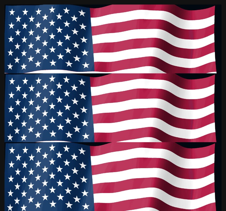 May include: Three horizontal panels each displaying the flag of the United States of America. Each flag features a blue canton with white five-pointed stars on the left and alternating horizontal red and white stripes extending to the right side.