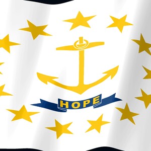 May include: A white flag featuring a gold anchor in the center, surrounded by a circle of thirteen gold stars. Below the anchor is a blue ribbon banner with the word HOPE printed in gold capital letters, all set against a white background.
