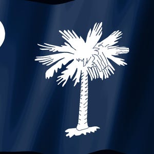 May include: The state flag of South Carolina features a deep indigo blue field with a centered white palmetto tree and a white crescent moon positioned in the upper left corner. The fabric appears to have a slight wave, creating subtle shadows.