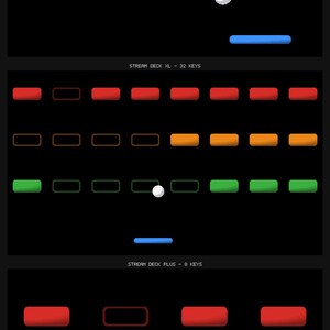 May include: A digital graphic display showing three levels of a block-breaking game on black backgrounds. The top section labelled STREAM DECK MK2 - 15 KEYS, middle section labelled STREAM DECK XL - 32 KEYS, and bottom section labelled STREAM DECK PLUS - 8 KEYS.