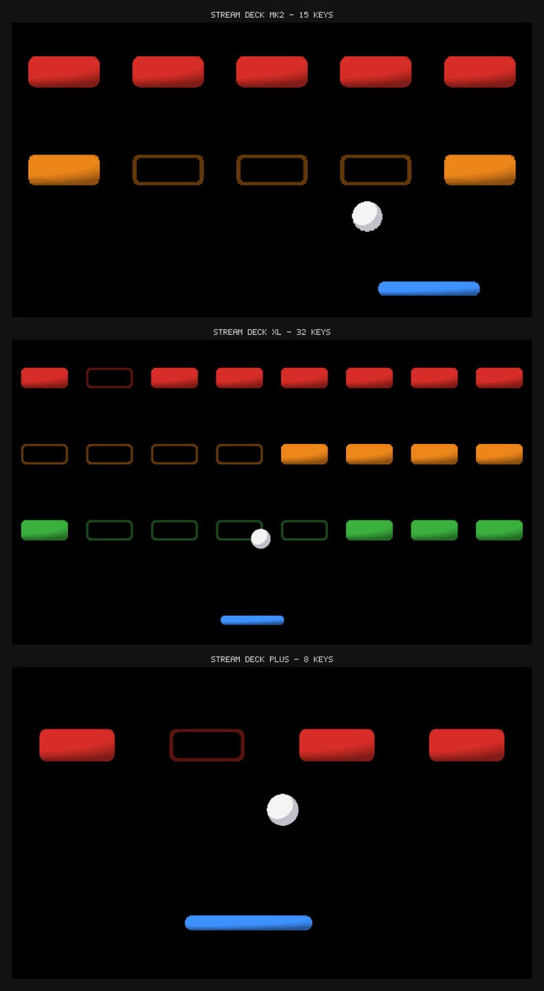 May include: A digital graphic display showing three levels of a block-breaking game on black backgrounds. The top section labelled STREAM DECK MK2 - 15 KEYS, middle section labelled STREAM DECK XL - 32 KEYS, and bottom section labelled STREAM DECK PLUS - 8 KEYS.