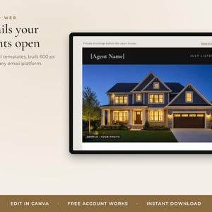 May include: A digital marketing template for real estate featuring the text Emails your clients open and Two email templates, built 600 px wide for any email platform. The display shows a house at dusk with the text Agent Name and JUST LISTED.
