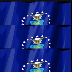 May include: A blue flag featuring the United States Air Force emblem in the centre, which includes a golden eagle, a shield, and a ring of thirteen white stars. The fabric of the flag appears to be waving with soft folds and shadows.
