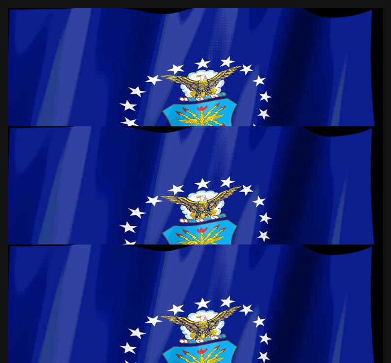 May include: A blue flag featuring the United States Air Force emblem in the centre, which includes a golden eagle, a shield, and a ring of thirteen white stars. The fabric of the flag appears to be waving with soft folds and shadows.