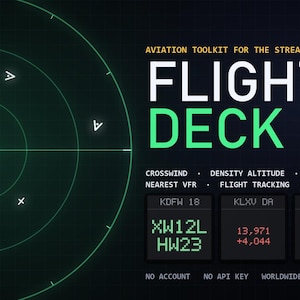 Puede incluir: Una interfaz digital titulada AVIATION TOOLKIT FOR THE STREAM DECK FLIGHT DECK que presenta una pantalla de radar circular verde con marcadores blancos a la izquierda y una cuadr&iacute;cula de datos de vuelo que incluye crosswind, density altitude y live metar.