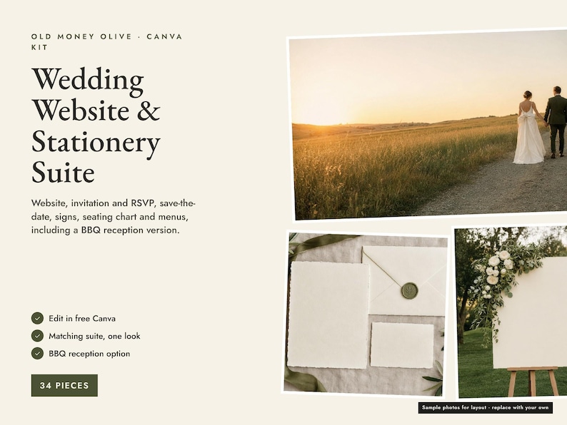 Olive Green Wedding Invitation Bundle, Editable Canva Wedding Suite, Save the Date, RSVP, Seating Chart, Signs, BBQ Reception, Budget bild 1