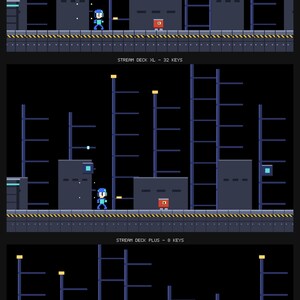 K&ouml;nnte beinhalten: Eine Pixel-Art-Grafik mit drei verschiedenen Layouts, beschriftet als STREAM DECK MK2 - 15 KEYS, STREAM DECK XL - 32 KEYS und STREAM DECK PLUS - 8 KEYS. Jeder Abschnitt zeigt eine blaue Figur, dunkelgraue Geb&auml;ude, Leitern und kleine Symbole.