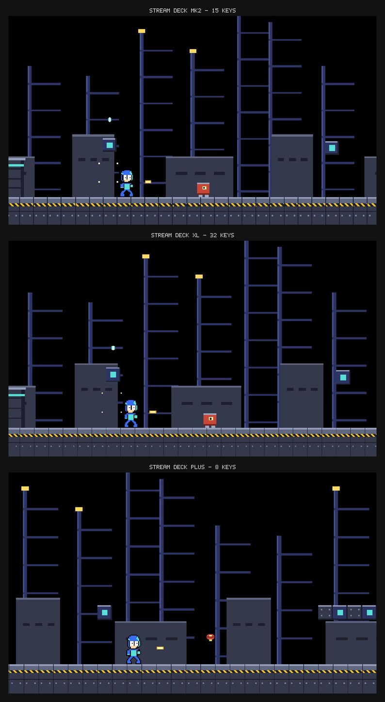 K&ouml;nnte beinhalten: Eine Pixel-Art-Grafik mit drei verschiedenen Layouts, beschriftet als STREAM DECK MK2 - 15 KEYS, STREAM DECK XL - 32 KEYS und STREAM DECK PLUS - 8 KEYS. Jeder Abschnitt zeigt eine blaue Figur, dunkelgraue Geb&auml;ude, Leitern und kleine Symbole.