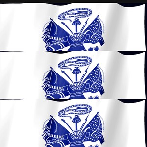 May include: A white flag featuring the blue United States Army emblem in the center. The design includes a central cuirass, a Phrygian cap on a spear, a sword, and a ribbon above with the text THIS WE'LL DEFEND. Two flags are crossed behind.