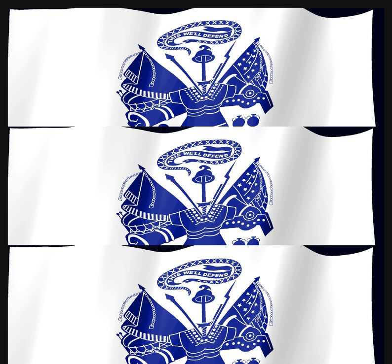 May include: A white flag featuring the blue United States Army emblem in the center. The design includes a central cuirass, a Phrygian cap on a spear, a sword, and a ribbon above with the text THIS WE'LL DEFEND. Two flags are crossed behind.