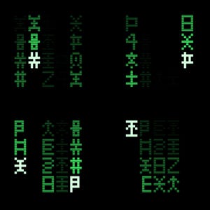 May include: A digital graphic on a black background featuring four distinct clusters of pixelated, green and white abstract symbols and characters arranged in vertical columns, resembling a computer code interface or a stylized data matrix display.