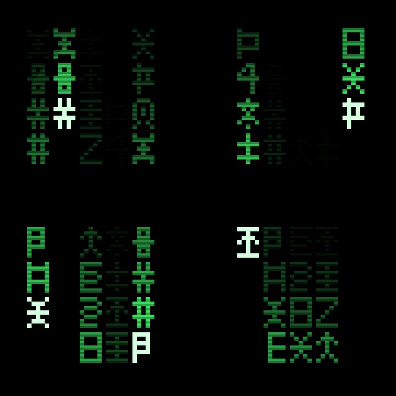 May include: A digital graphic on a black background featuring four distinct clusters of pixelated, green and white abstract symbols and characters arranged in vertical columns, resembling a computer code interface or a stylized data matrix display.