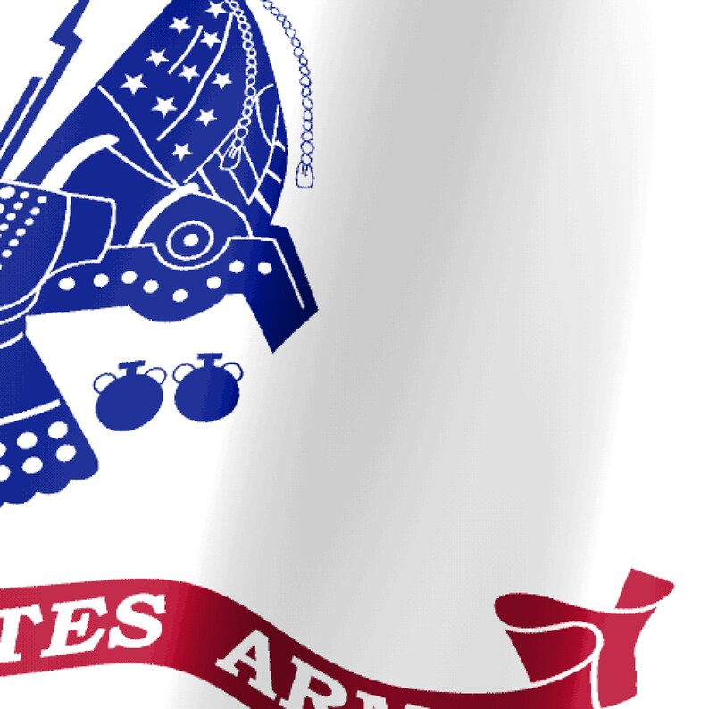 May include: A white flag featuring the United States Army emblem in blue, including a stylized eagle, stars, and military equipment. A red ribbon banner at the bottom displays the partial text TES ARMY in white capital letters on a curved surface.