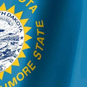 May include: The blue flag of South Dakota features a central yellow sunburst containing the state seal. The seal depicts a landscape with hills, a river, and a steamboat. Text reads SOUTH DAKOTA, THE MOUNT RUSHMORE STATE, and UNDER GOD THE PEOPLE RULE.