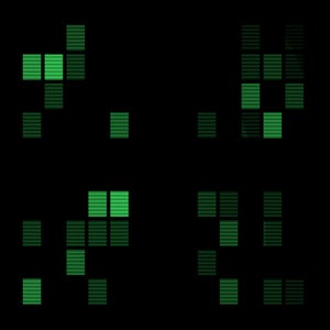 May include: A digital graphic design featuring four distinct clusters of bright green horizontal bars arranged in a grid pattern against a solid black background. Each cluster consists of multiple rectangular segments with varying line densities.