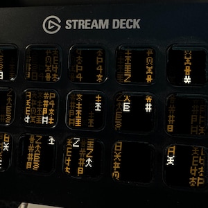 May include: A black Stream Deck control console featuring fifteen square keys arranged in a grid. Each key displays a unique digital interface with orange and white pixelated symbols and characters against a dark background.
