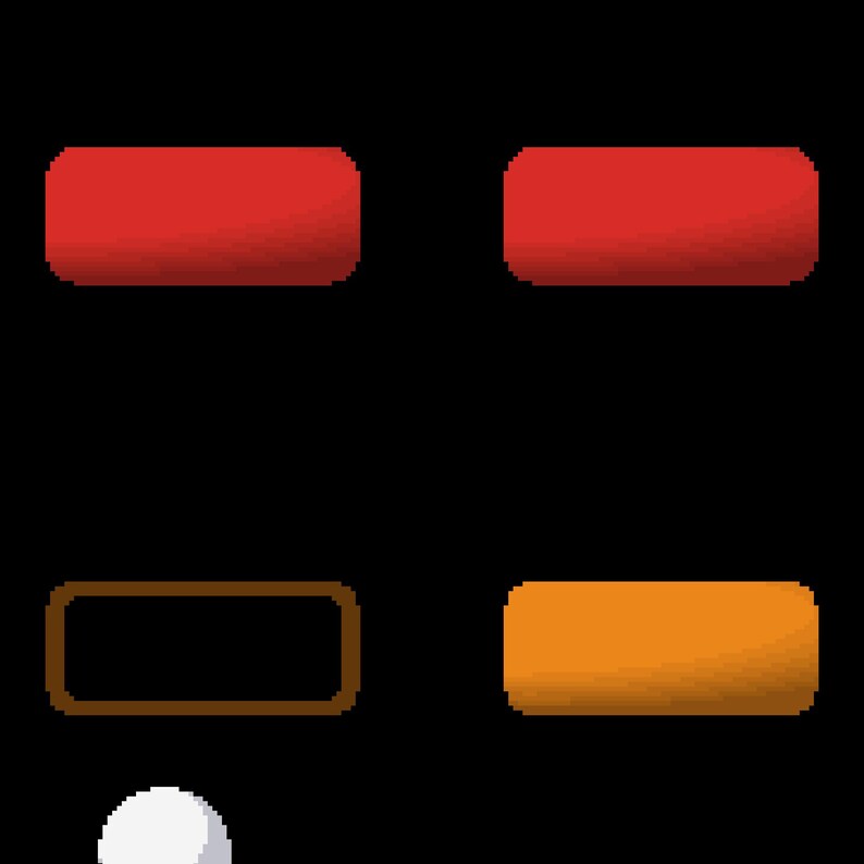 May include: A digital graphic featuring three solid, rounded rectangular buttons in red and orange, alongside one empty brown outlined rectangular frame and a small white circle, all set against a plain black background in a pixel art style.