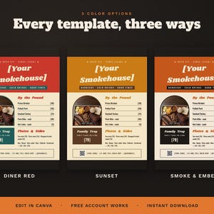May include: Three menu templates titled Your Smokehouse with text options for Diner Red, Sunset, and Smoke & Ember. Each template features a food photo in an arched frame, a list of barbecue items with prices, a family tray section, and a QR code.