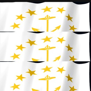 May include: A white flag featuring a central yellow anchor surrounded by a circular arrangement of thirteen yellow stars. The flag is depicted in three horizontal, wavy segments, creating a rippling effect across the entire visual composition.
