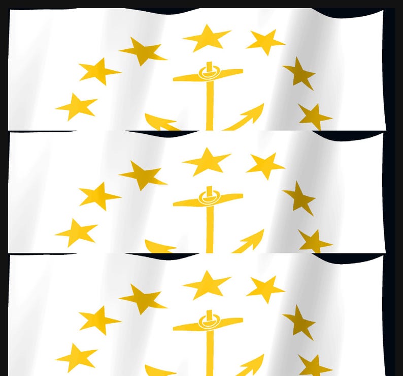 May include: A white flag featuring a central yellow anchor surrounded by a circular arrangement of thirteen yellow stars. The flag is depicted in three horizontal, wavy segments, creating a rippling effect across the entire visual composition.