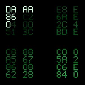 Op de afbeelding: Een digitaal display op een zwarte achtergrond met rijen hexadecimale code in een korrelig lettertype. De tekens DA, AA, 86 en 04 linksboven zijn helderwit, terwijl alle andere alfanumerieke tekens in een gedempte groene kleur worden weergegeven.