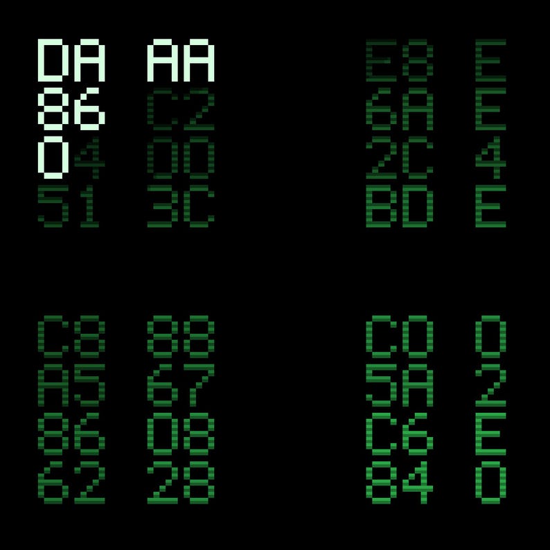 Op de afbeelding: Een digitaal display op een zwarte achtergrond met rijen hexadecimale code in een korrelig lettertype. De tekens DA, AA, 86 en 04 linksboven zijn helderwit, terwijl alle andere alfanumerieke tekens in een gedempte groene kleur worden weergegeven.