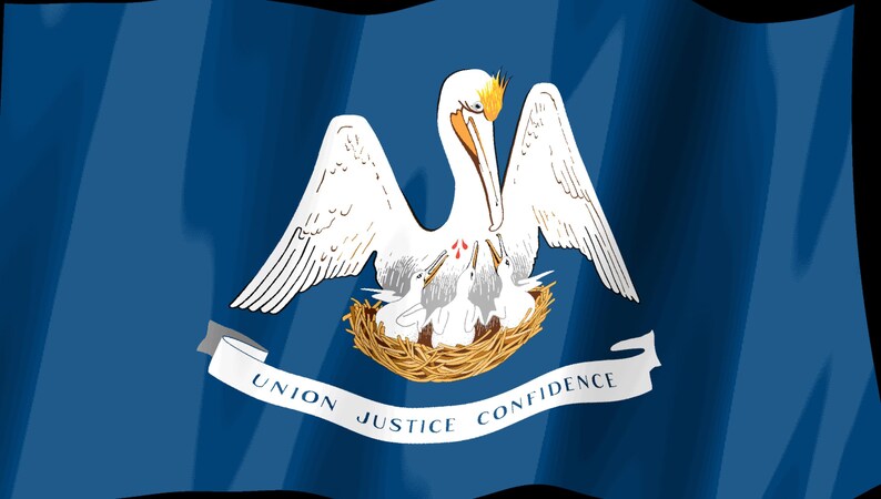 Pode incluir: A bandeira do estado da Louisiana apresenta um campo azul escuro com um pelicano branco alimentando seus tr&ecirc;s filhotes em um ninho marrom. Acima do ninho h&aacute; tr&ecirc;s gotas de sangue vermelhas. Uma fita branca exibe o texto UNION JUSTICE CONFIDENCE.