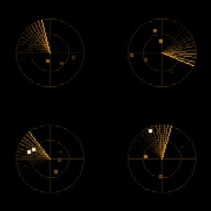 May include: Four circular radar displays arranged in a grid on a black background. Each display features a rotating sweep line in a golden-yellow hue, with small square blips indicating detected objects positioned within the circular grid lines.