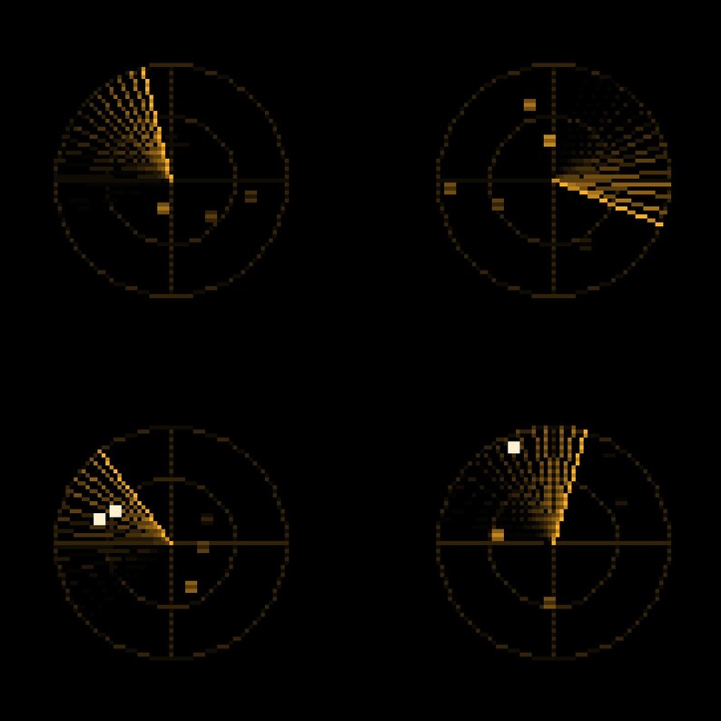 May include: Four circular radar displays arranged in a grid on a black background. Each display features a rotating sweep line in a golden-yellow hue, with small square blips indicating detected objects positioned within the circular grid lines.