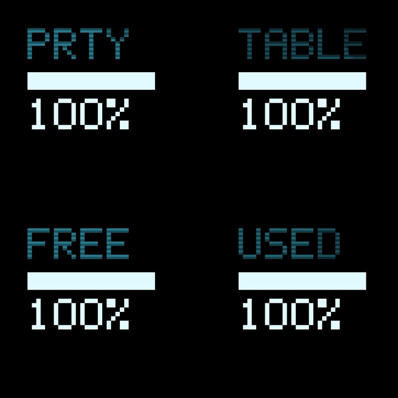 May include: A digital graphic on a black background featuring four status bars labeled PRTY, TABLE, FREE, and USED. Each label is in a pixelated font, accompanied by a horizontal progress bar filled to 100% and the text 100% displayed below.