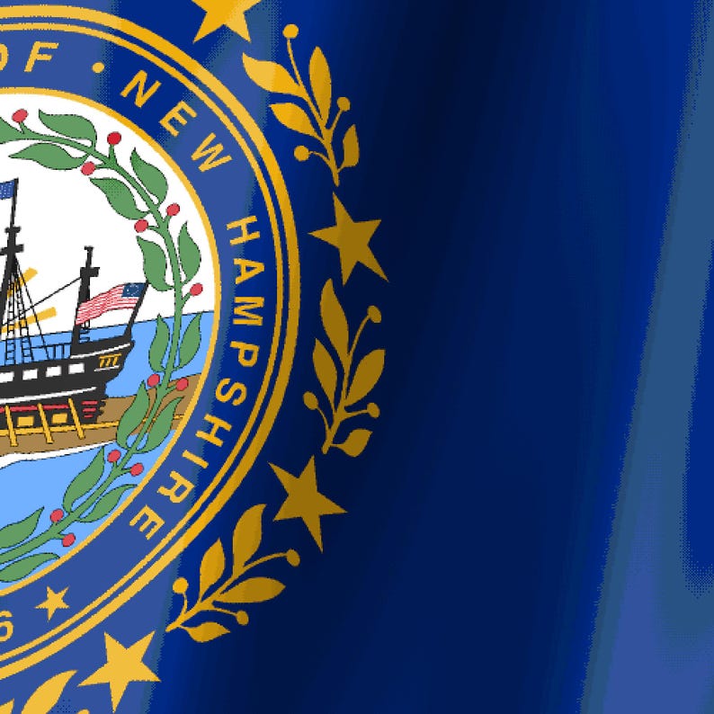 May include: The state flag of New Hampshire features a deep blue field with a central circular seal. The seal depicts a ship on water, surrounded by a laurel wreath and gold stars, with the text SEAL OF NEW HAMPSHIRE printed along the border.