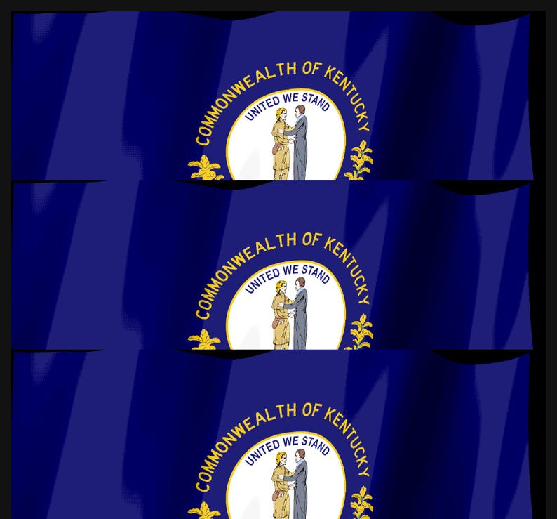 K&ouml;nnte beinhalten: Eine dunkelblaue Flagge des Commonwealth of Kentucky mit einem zentralen wei&szlig;en kreisf&ouml;rmigen Siegel, das zwei sich die H&auml;nde sch&uuml;ttelnde Figuren zeigt. Der Text Commonwealth of Kentucky und United We Stand ist in Gold um das Emblem gedruckt.