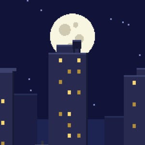 Może przedstawiać: Ilustracja w stylu pixel art przedstawiająca ciemnoniebieski krajobraz miejski w nocy z dużym, bladoż&oacute;łtym pełnym księżycem za centralnym wieżowcem. Budynki mają rozproszone, świecące na ż&oacute;łto okna na tle głębokiego, granatowego nieba.