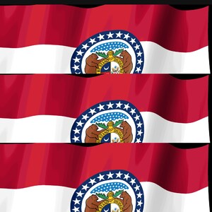 K&ouml;nnte beinhalten: Drei horizontale Streifen in Rot, Wei&szlig; und Rot mit dem Design der Flagge des Bundesstaates Missouri. Ein zentrales blaues kreisf&ouml;rmiges Emblem enth&auml;lt vierundzwanzig wei&szlig;e Sterne, zwei braune B&auml;ren und ein Wappen mit dem Text "United We Stand Divided We Fall."