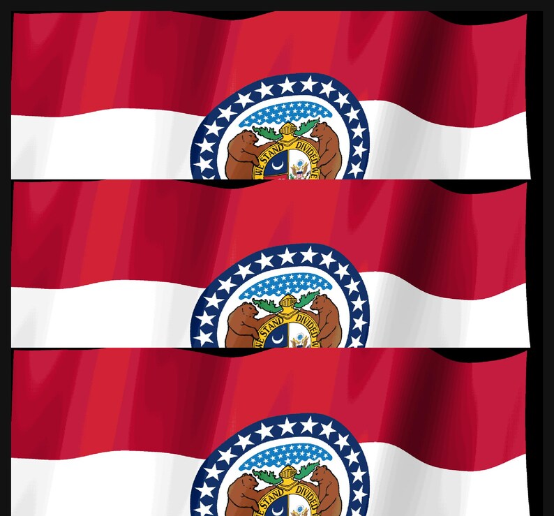 K&ouml;nnte beinhalten: Drei horizontale Streifen in Rot, Wei&szlig; und Rot mit dem Design der Flagge des Bundesstaates Missouri. Ein zentrales blaues kreisf&ouml;rmiges Emblem enth&auml;lt vierundzwanzig wei&szlig;e Sterne, zwei braune B&auml;ren und ein Wappen mit dem Text "United We Stand Divided We Fall."
