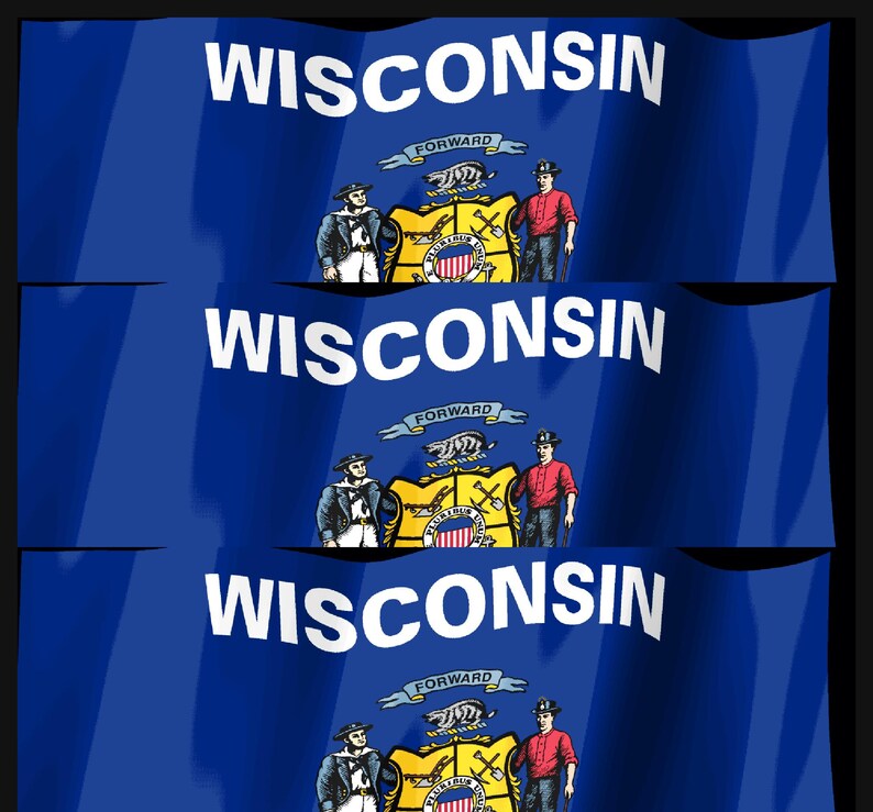 Peut inclure: Un drapeau bleu portant le mot WISCONSIN en lettres capitales blanches en haut. Sous le texte se trouve un embl&egrave;me central avec un blaireau, un &eacute;cusson et deux personnages, l'un en tenue bleue et l'autre en chemise rouge, avec une banni&egrave;re FORWARD.