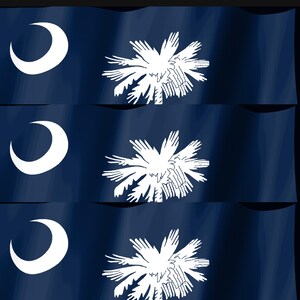 May include: Three identical rectangular flags featuring a deep indigo blue background. Each flag displays a white crescent moon on the left side and a white palmetto tree centered on the right side, creating a repeating vertical pattern.