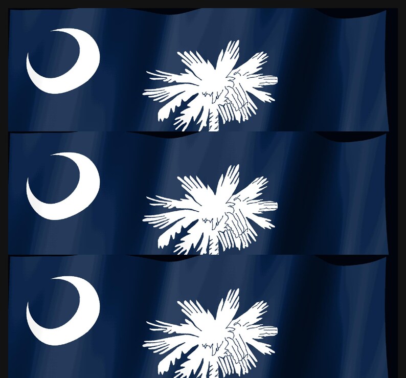 May include: Three identical rectangular flags featuring a deep indigo blue background. Each flag displays a white crescent moon on the left side and a white palmetto tree centered on the right side, creating a repeating vertical pattern.