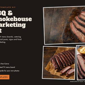 May include: A Canva template kit for BBQ & Smokehouse marketing featuring text and three photographic inserts of sliced brisket and ribs. The layout includes lists of menu boards, catering forms, and social posts with 38 total templates.