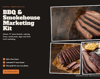 May include: A Canva template kit for BBQ & Smokehouse marketing featuring text and three photographic inserts of sliced brisket and ribs. The layout includes lists of menu boards, catering forms, and social posts with 38 total templates.
